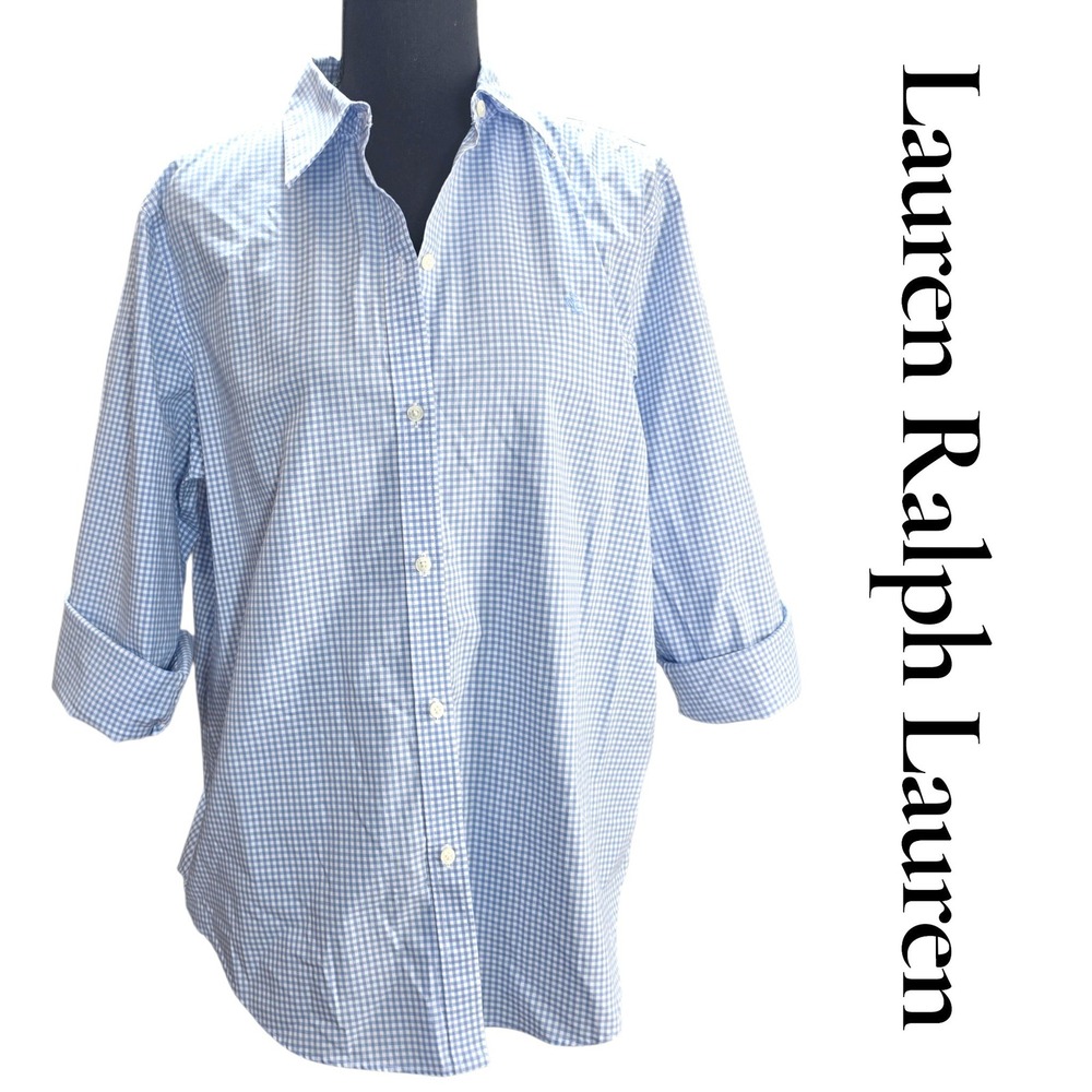 Lauren Ralph Lauren Shirt Womens L Blue Cotton Gingham Non-Iron Button Up Preppy